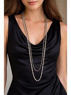 CHICO’S Rhinestone Double Chain Necklace 36” Silver Tone Crystal Statement